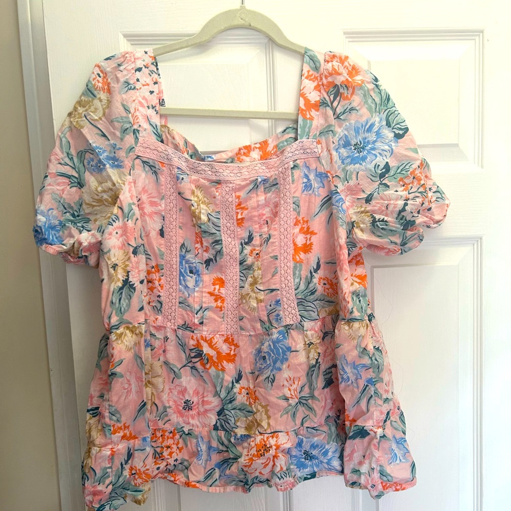 Loft Floral Square-neck Peplum Blouse sz XL